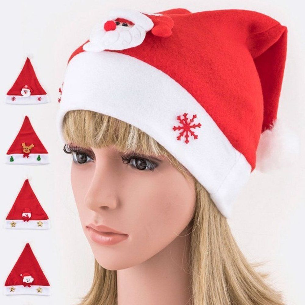 Set of 12 Santa Christmas Hat Set Reindeer Snowman Red White Trim NEW